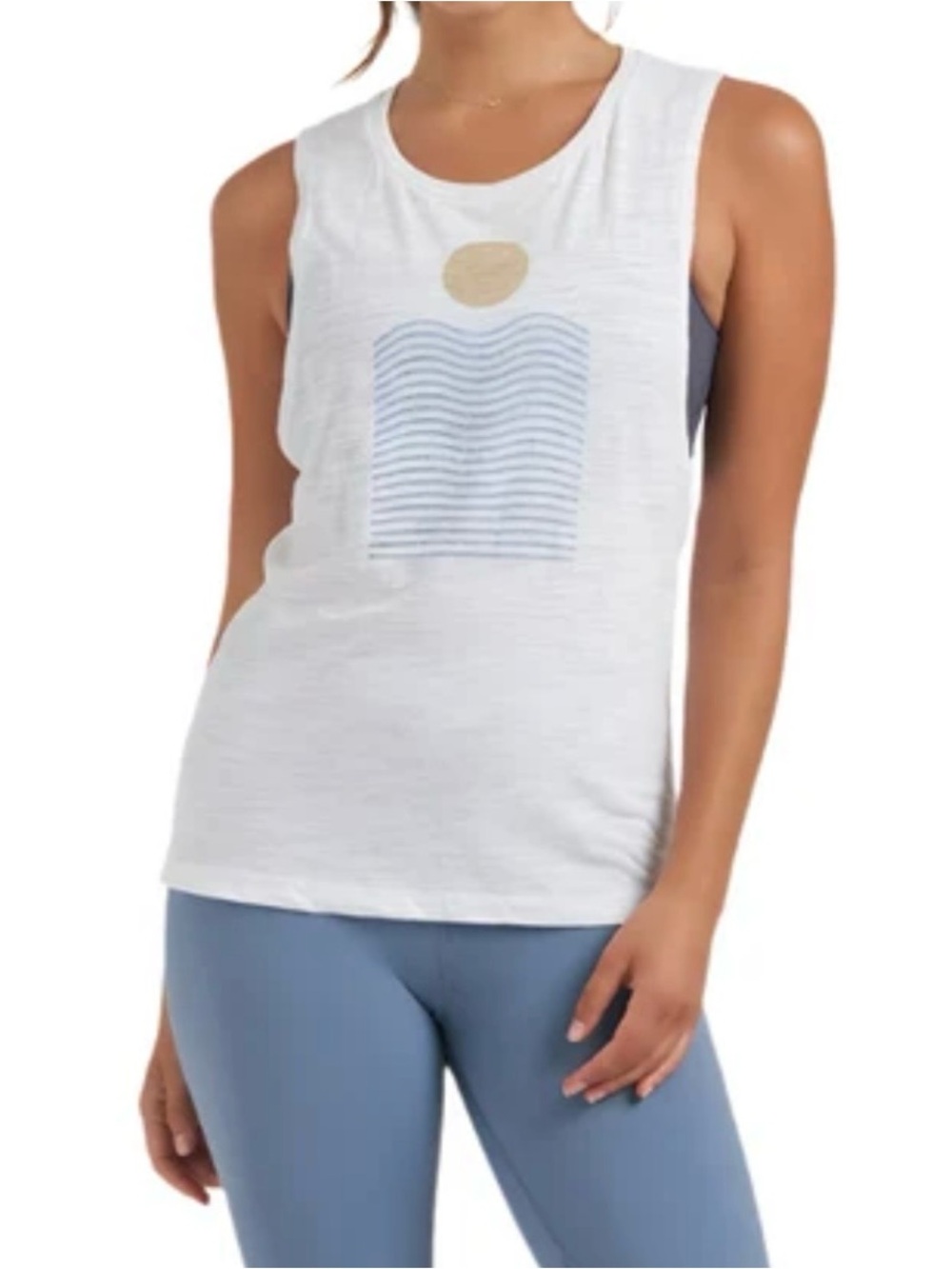 Vuori Womens L White ‘Horizon’ Tank w/ Gold Sun/ Light Blue Wave Graphic